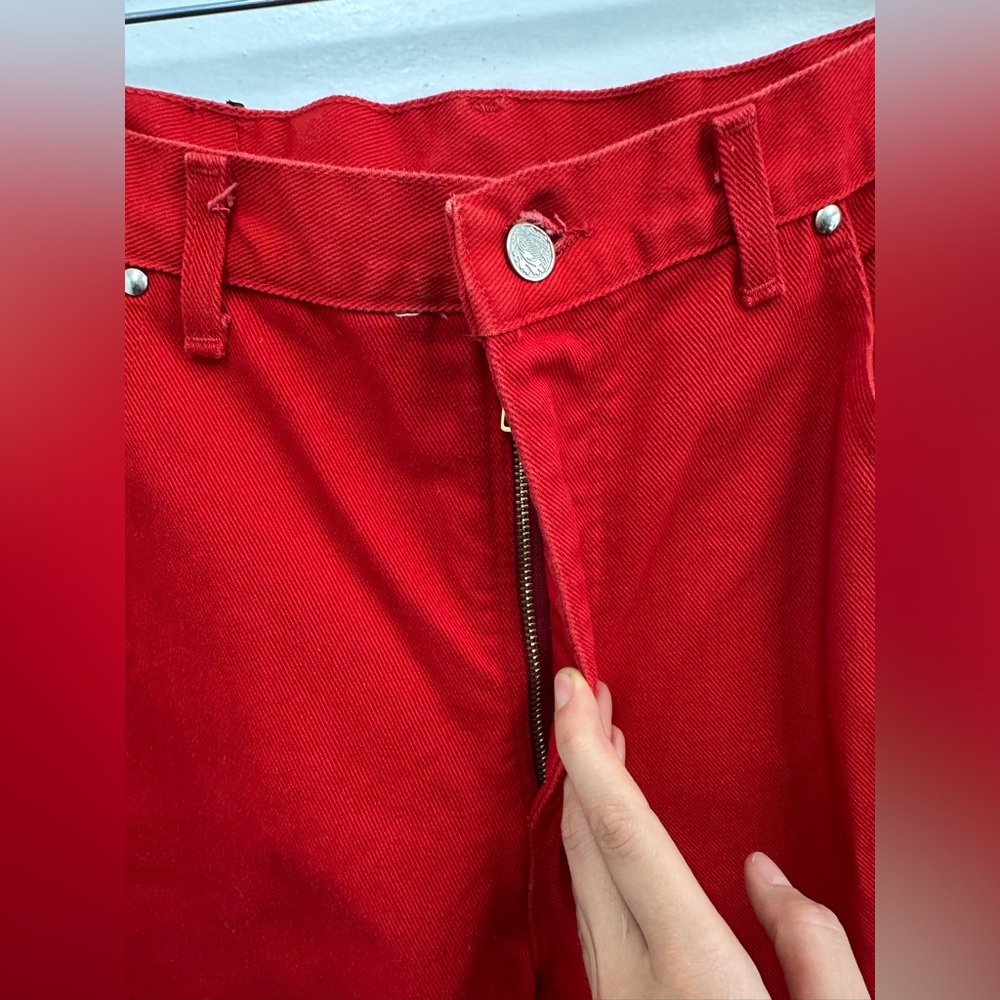 ⛔️SOLD⛔️Vintage 80’s Red High Rise Straight Leg Jeans Lattice Triangle Back Siz - Picture 6 of 9